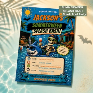May include: A rectangular party invitation flyer titled Jackson's Summerween Splash Bash. The graphic features a skeleton wearing sunglasses and a cap, riding a shark float in a pool. It includes event details for August 24, 2:00 PM to 5:00 PM.