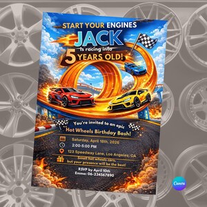 Op de afbeelding: Een kleurrijke uitnodiging voor een Hot Wheels verjaardagsfeest. Het ontwerp toont raceauto's op een baan, vlammen en de tekst "Start Your Engines" en "Jack wordt 5 jaar oud!" Inclusief evenementdetails.