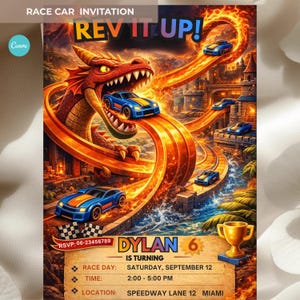 Race Car Birthday Invitation Boy, Dragon Racing Party Invite, Kids Racing Birthday, Editable Canva Template