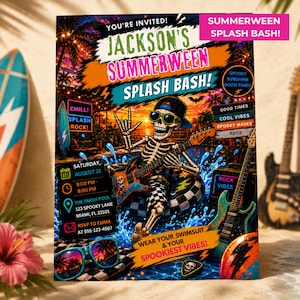 May include: A rectangular party invitation flyer titled Jackson's Summerween Splash Bash. The graphic features a skeleton wearing sunglasses and a cap, playing an electric guitar while floating in a pool. Includes event details, date, time, and location.