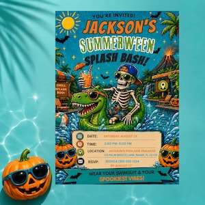 May include: A Summerween party invitation featuring a skeleton wearing sunglasses and a baseball cap, riding a green dinosaur pool float in a pool. The text reads Jackson's Summerween Splash Bash, with event details including date, time, location, and RSVP.