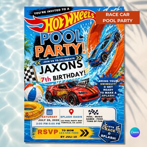 Può includere: Un invito per una festa in piscina a tema Hot Wheels per il 7° compleanno di Jaxon il 26 luglio 2026. Il volantino mostra una pista da corsa blu e arancione, un'auto sportiva rossa, una bandiera a scacchi e un salvagente giallo su acqua.