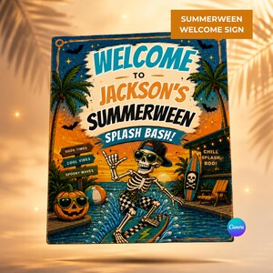 Summerween Welcome Sign Editable Canva, Splash Bash Birthday Welcome Poster, Spooky Pool Party Sign