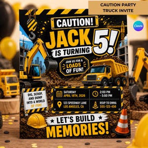 Op de afbeelding: Een uitnodiging voor een verjaardagsfeest met een bouwthema, in geel en zwart. De uitnodiging toont een gele graafmachine, een dumper en een helm. De tekst bevat "CAUTION! JACK 5!" en feestdetails.