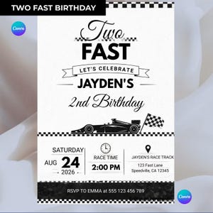 Op de afbeelding: Een zwart-witte verjaardagsuitnodiging met de tekst "Two Fast Birthday". De uitnodiging bevat een afbeelding van een raceauto en de tekst "Jayden's 2nd Birthday". De datum is 24 augustus 2026 en de racetijd is 14:00 uur.