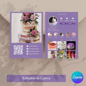 Cartão de Visita Instagram para Confeitarias, Modelo Editável, Cartão com QR Code, Design de Cartão de Visita Personalizável para Padaria
