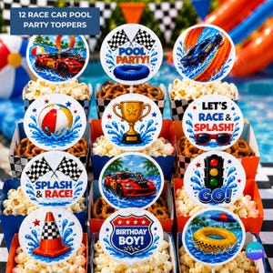 Race Car Pool Party Food Toppers Editable Canva, Racing Birthday Cupcake Toppers, Splash and Race Snack Decorations Printable