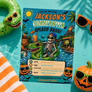 Op de afbeelding: Een rechthoekige uitnodigingskaart met de titel Jackson's Summerween Splash Bash. De afbeelding toont een skelet met een blauwe pet en zonnebril op een groene dinosaurus-zwemband in een zwembad, omringd door palmbomen, een vulkaan en pompoenen.