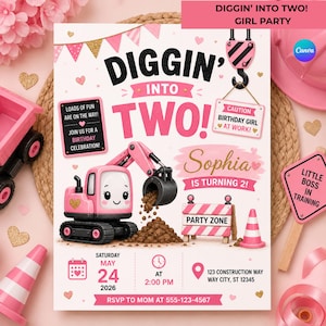 Op de afbeelding: Roze en witte verjaardagsuitnodiging met de tekst "Diggin' Into Two! Girl Party". De uitnodiging toont een roze graafmachine, een bouwthema en de naam "Sophia". Bevat datum, tijd en RSVP-informatie.