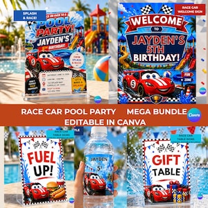 Race Car Pool Party Bundle Editable Canva Template, Racing Birthday Invitation, Welcome Sign, Table Signs, Favor Tags, Bottle Labels