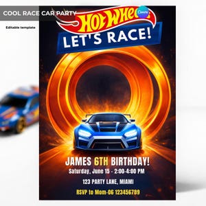 Op de afbeelding: Een blauwe raceauto-uitnodiging met de tekst "LET'S RACE!" en "JAMES 6TH BIRTHDAY!". Het ontwerp toont een gestileerde racebaan met oranje en gele accenten, en het Hot Wheels-logo. Feestdetails inbegrepen.