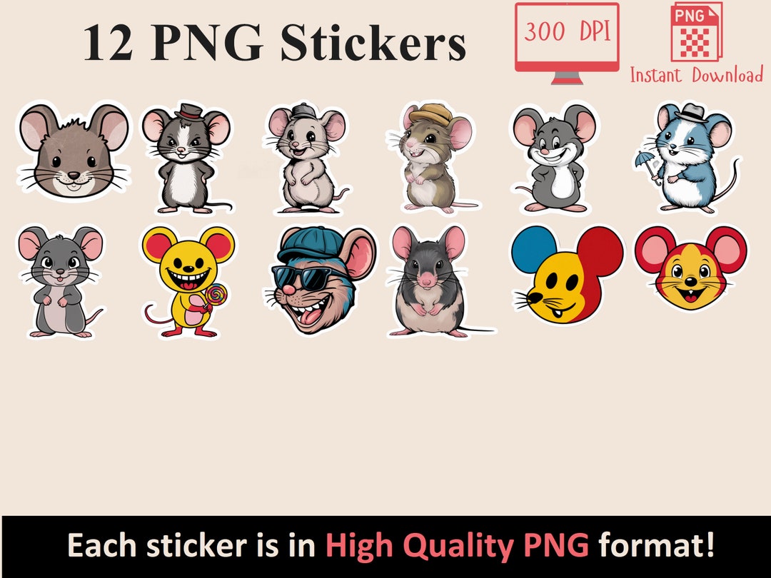 Mouse PNG Stickers Bundle 12 Designs Cute, Printable, Instant Download ...