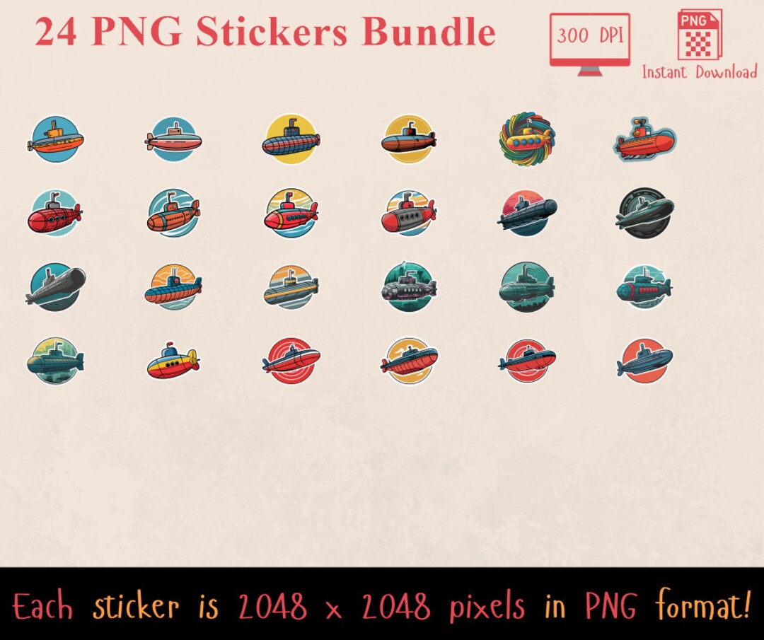 Submarine Sticker PNG Bundle, 24 Digital Submarine Designs, Nautical ...