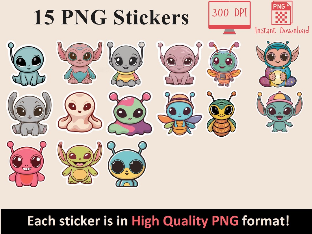 Cute Kawaii Aliens PNG Stickers Design, 15 Adorable Alien Clipart ...