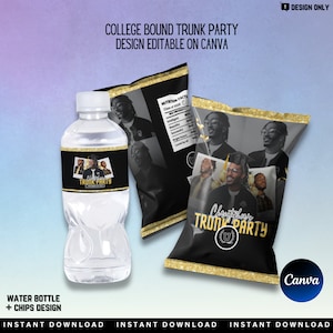 DIY College Bound, Trunk party design template, Water label, Editable on Canva, Chip bag label, Black and Yellow, College send off male