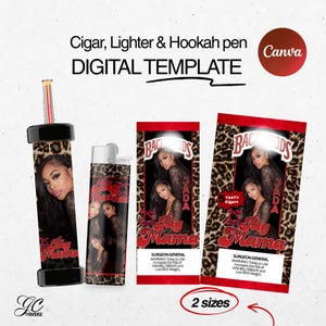 May include: Digital template featuring a hookah pen, lighter, and cigar packaging. The items have a leopard print design and the text "Big Mama" and "Backwoods". The image includes the text "Cigar, Lighter & Hookah pen DIGITAL TEMPLATE".