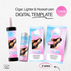 Editable Cigar wrapper, Birthday lighter and Hookah pen Template, Printable Party Favor Bundle, Blue
