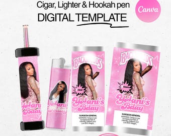 Pacote de lembrancinhas para festa com modelos editáveis de embalagem de charuto, isqueiro e caneta para narguilé, na cor rosa.