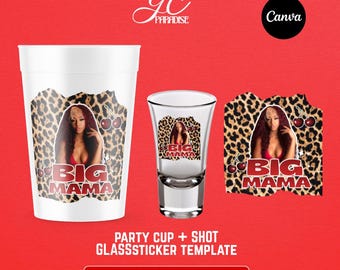 Pegatina para vaso de espuma de poliestireno y vasito de chupito para fiesta de cumpleaños (DIY), editable en Canva, diseño prediseñado, descarga digital, estilo "Big Mama", estampado de guepardo