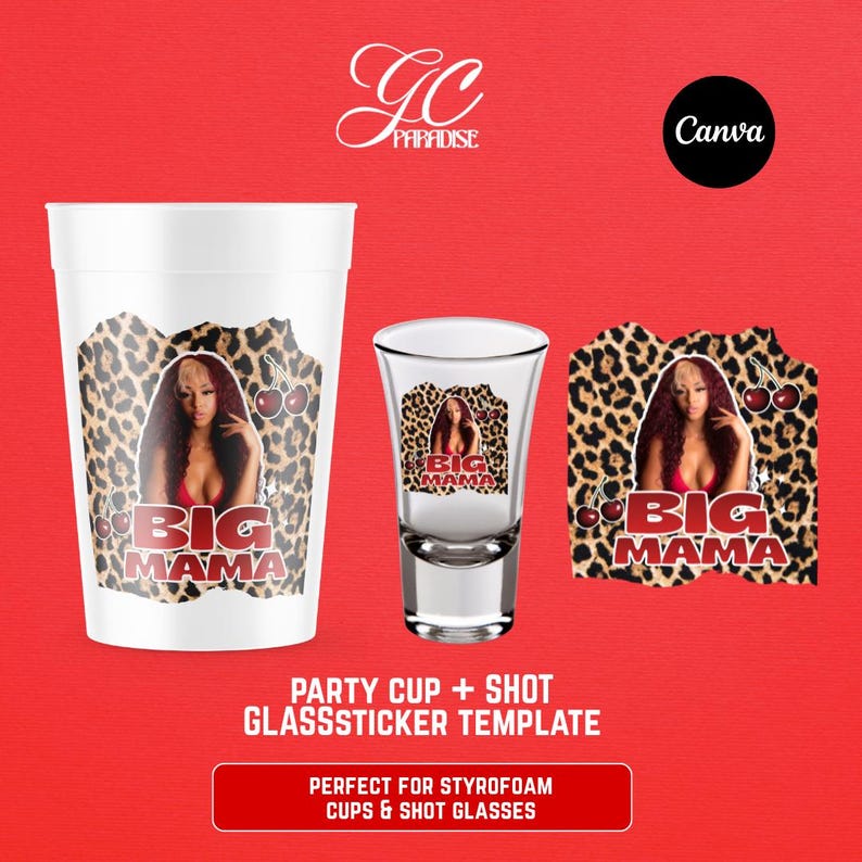 Adesivo para copo de isopor e copo de shot para festa de aniversário "faça você mesmo", editável no Canva, design pronto, download digital, Big Mama, estampa de oncinha imagem 1