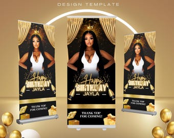Banner retrátil para aniversariante (faça você mesmo), modelo de painel de fundo editável no Canva, banner grande, dourado, painel de fundo glamouroso pronto para usar, festa de aniversário