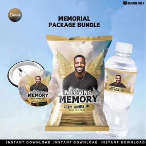 May include: A memorial package bundle with a chip bag, water bottle, and button. The chip bag and water bottle have a photo of a man with angel wings and the text "In Loving Memory Icey Jones Jr. Rest in Peace". The button has a similar design with the text "In Loving Memory Icey Jones Jr. Rest in Peace".