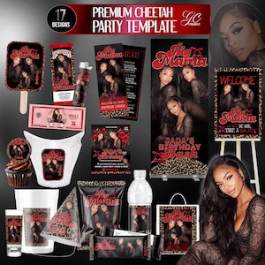 May include: A collection of party supplies with a cheetah print and the text "Big Mama". The set includes invitations, banners, cupcake toppers, water bottle labels, and more. The color scheme is red, black, and brown.