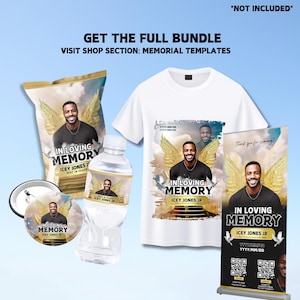 May include: A memorial bundle includes a t-shirt, a water bottle, a chip bag, a button, and a banner. All items feature a photo of a man with angel wings and the text "In Loving Memory Icey Jones Jr."