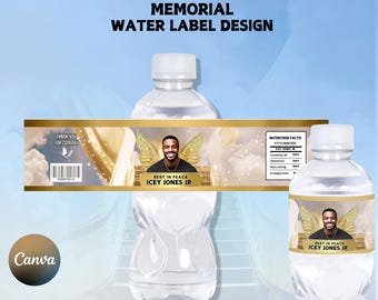 DIY memorial water bottle label design template, Editable on Canva, Instant download, Grief, Funeral, RIP label,In loving memory, water