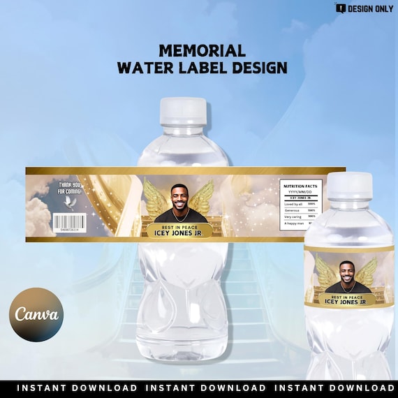 DIY Memorial Water Bottle Label Design Template, Editable on Canva