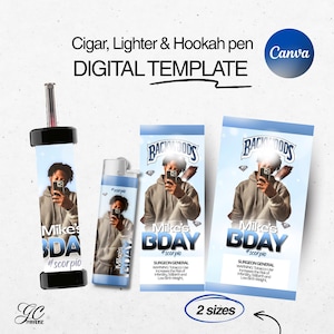 Editable Cigar wrapper, lighter and Hookah pen Template, Printable Party Favor Bundle for men
