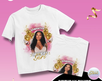 Modelo de design de camiseta faça você mesmo, aniversariante, editável no Canva, rosa e dourado, festa de aniversário