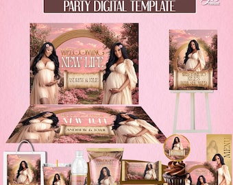 Baby shower Bundle editable template, Invitation, Backdrop, Party favors, Treats, Welcome sign, Menu, Snacks, Canva, Chip
