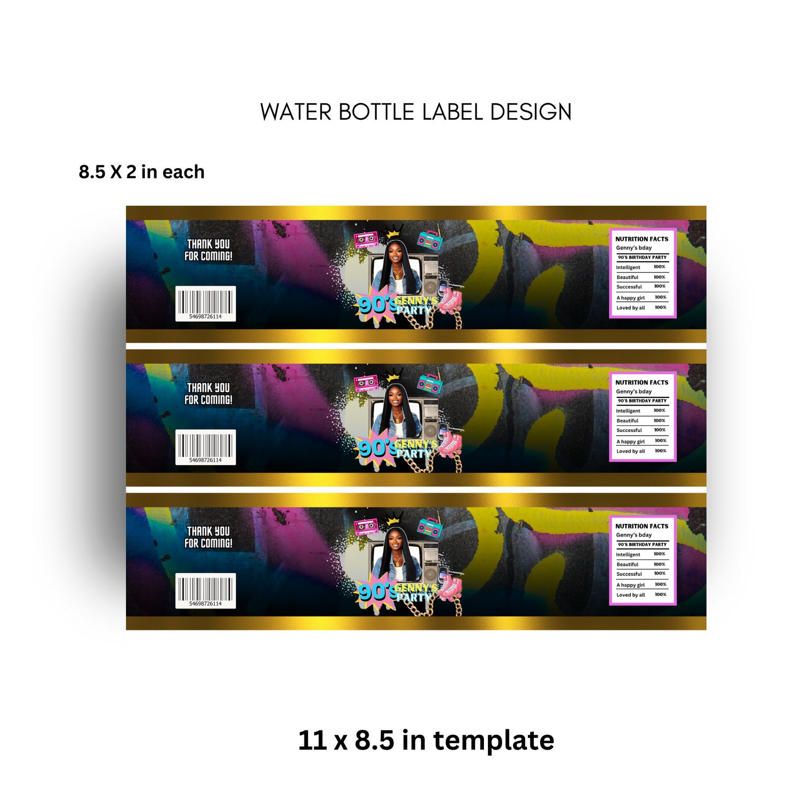 90s Birthday Party Chip Bag Label Design, Water Bottle Label, Editable ...