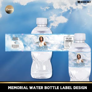May include: A blue and white water bottle label featuring a photograph of a person and the text "In Memory of Mike Johnson". The label also includes the text "Homecoming YYYY/MM/DD" and "Thank you for coming!"