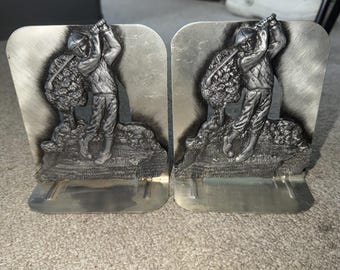 Vintage Antique Golfer Bookends Pair Metal 1920's Rare Find