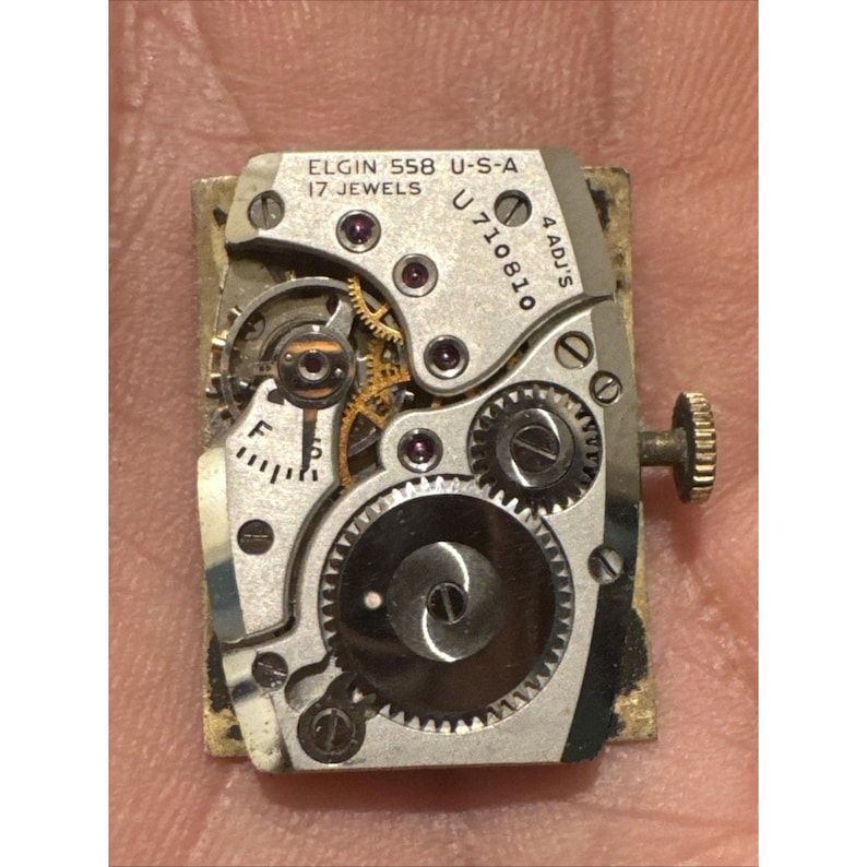 Movimento per orologio da polso vintage Elgin 558 - 17 rubini con quadrante e corona immagine 2