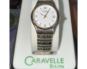 CARAVELLE by BULOVA Womens Two Tone Watch, Stretch Band, White Dial w/ Date New