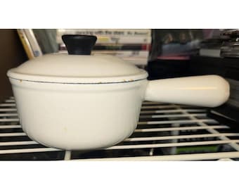 Cacerola vintage Le Creuset n.° 14 blanca con tapa, mango hueco, hierro fundido esmaltado, Francia