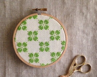 Green Clover Patterned Embroidery Hoop / Cross Stitch Art