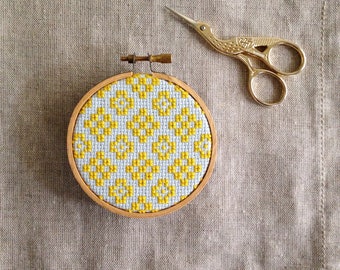 Yellow & Light Blue Patterned Embroidery Hoop / Cross Stitch Art