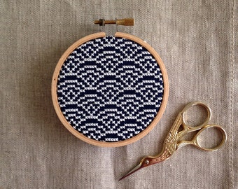 White & Navy Hills Patterned Embroidery Hoop Small/ Cross Stitch Art