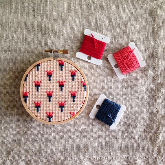 Tiny Pixel Flowers Pink Embroidery Hoop / Cross Stitch Art 