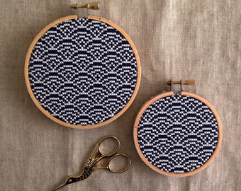 White & Navy Hills Patterned Embroidery Hoop Large / Cross Stitch Art