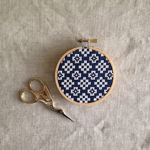 White & Navy Patterned Embroidery Hoop / Cross Stitch Art
