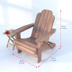 May include: A wooden adirondack chair with a natural wood finish. The chair is 37 6/16 inches tall and 31 8/16 inches wide.