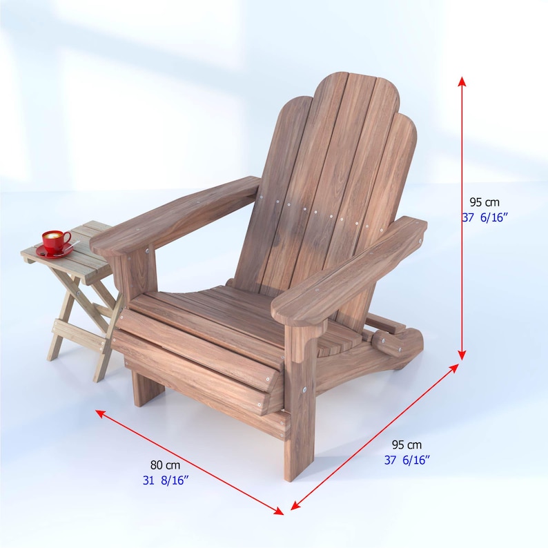 May include: A wooden adirondack chair with a natural wood finish. The chair is 37 6/16 inches tall and 31 8/16 inches wide.