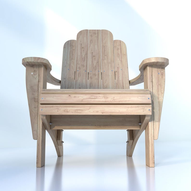 Peut inclure: Une chaise Adirondack en bois avec une finition en bois naturel. La chaise a un si&egrave;ge large et confortable et un dossier haut.