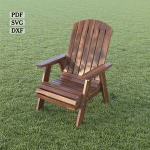 May include: A brown wooden adirondack chair with a slatted back and seat. The chair is sitting on a green grassy lawn.