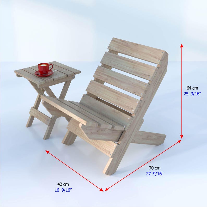 May include: A wooden chair with a slatted back and a small folding table with a red cup on it. The chair is 25 3/16 inches tall and 27 9/16 inches wide. The table is 16 9/16 inches wide.